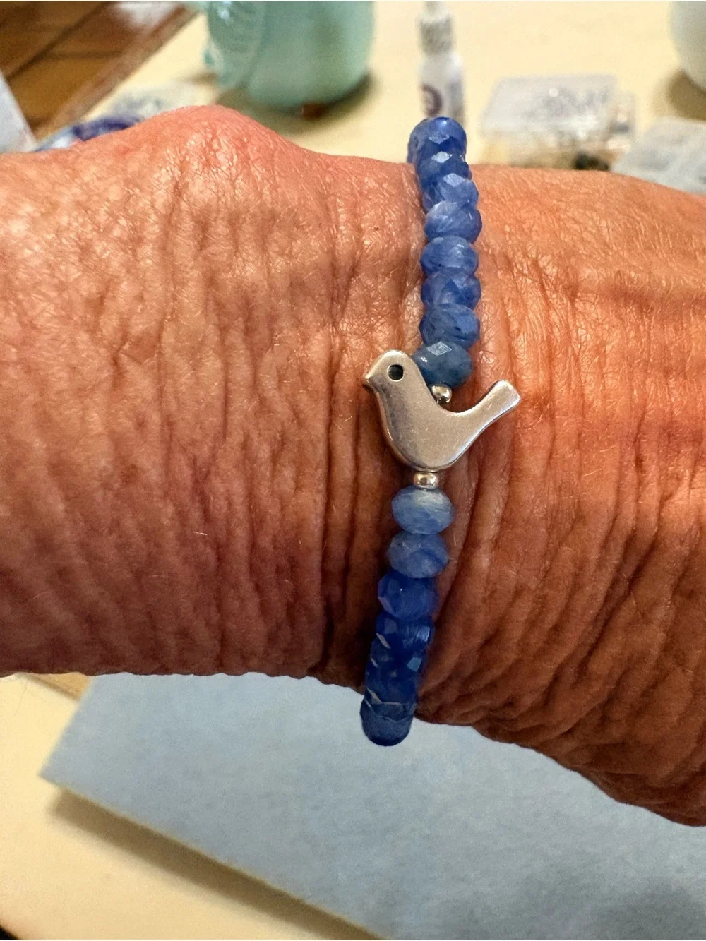 Delicate FacetedBlue Kyanite Beaded Bracelet with Silver Bird Accent 7.5 inches - Picture 4 of 5